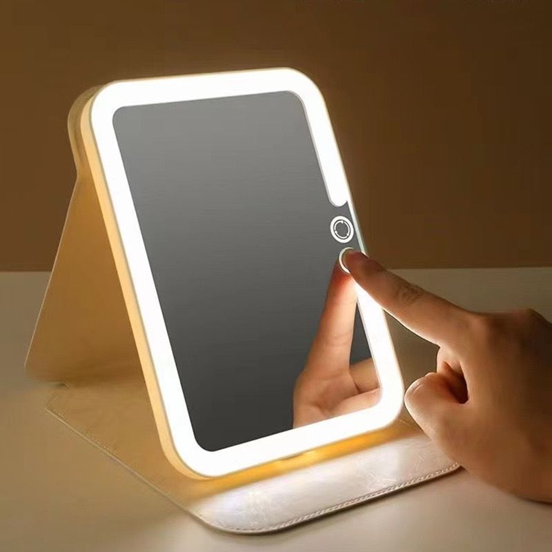 LED Rechargeable Makeup Mirror, Square Leather Portable Folding Travel Mirror, One Click Automatic Mirror LED Rechargeable Makeup Mirror, Square Leather Portable Folding Travel Mirror, One Click Automatic Mirror